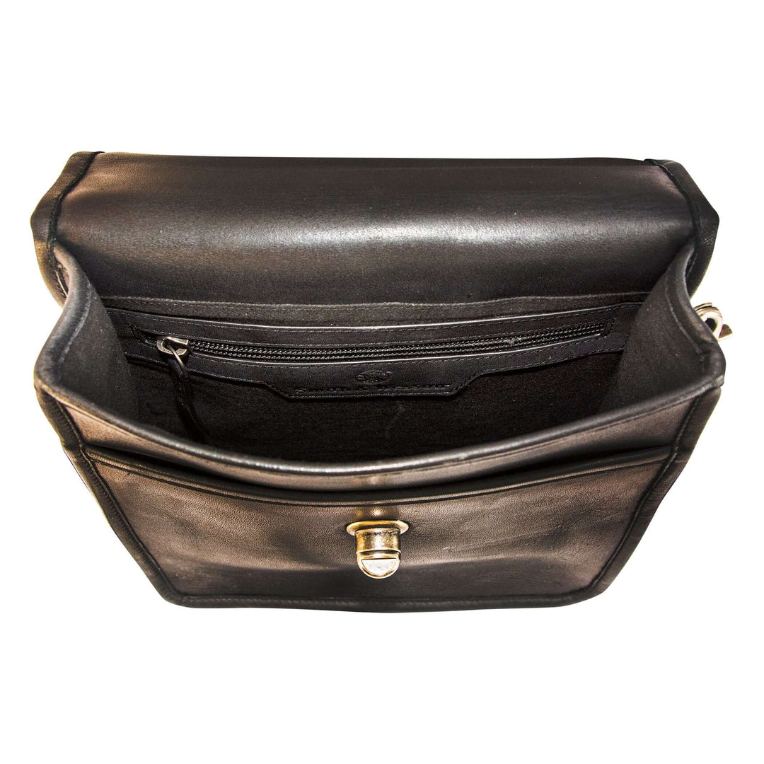 Open interior view of Smith & Wesson Vintage Crossbody Concealed Carry Purse showing black leather and nickel-plated clasp