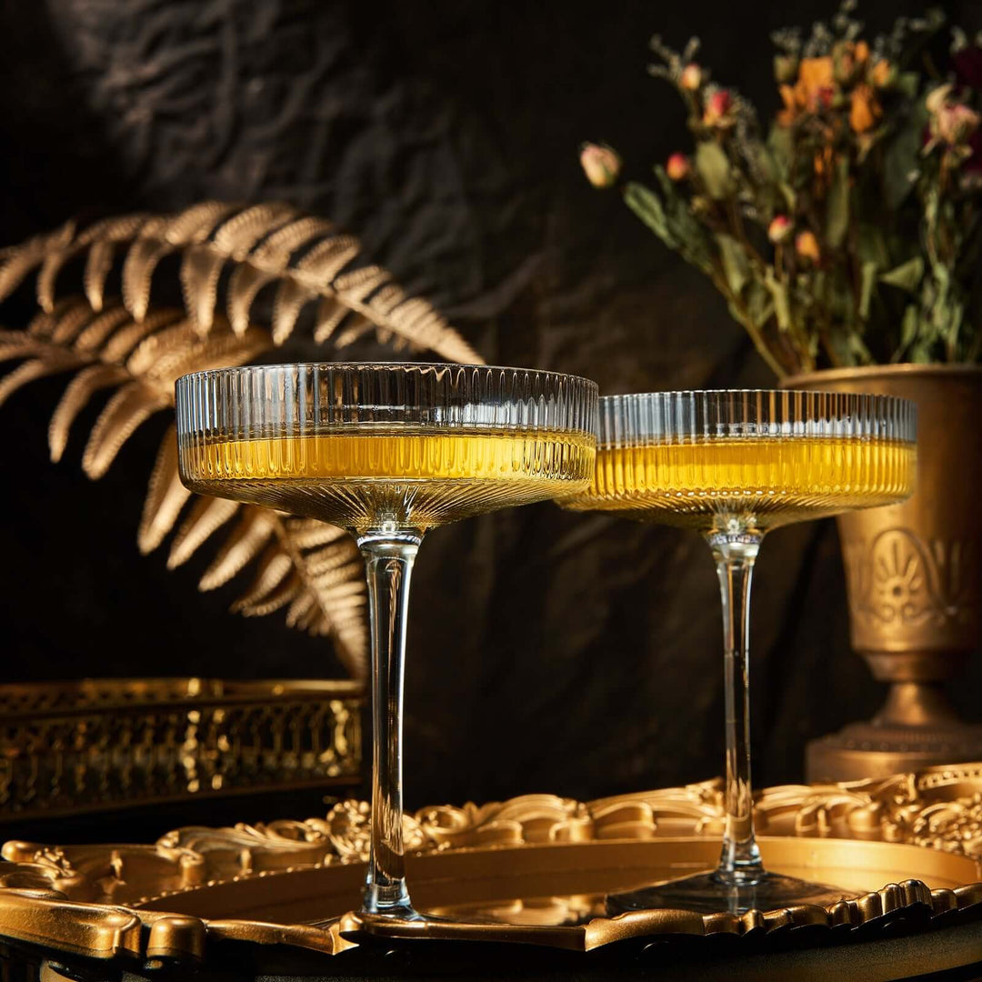 Ribbed Coupe Cocktail Glasses 8 oz | Set of 2 | Classic Manhattan Glasses For Cocktails, Champagne Coupe, Ripple Coupe Glasses, Art Deco Gatsby Vintage, Crystal with Stems (Smoke Grey)