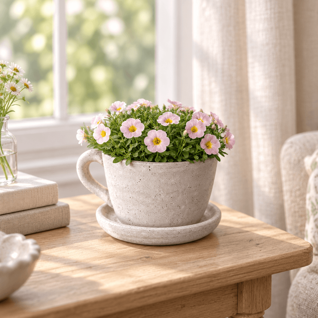 Speckled cement teacup planter styled with pink flowers on a light oak cottage side table