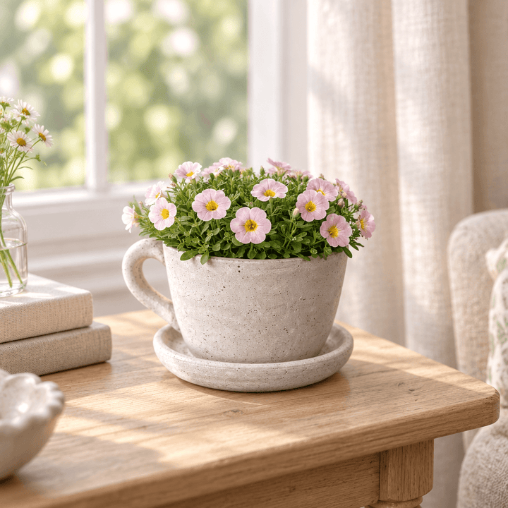 Speckled cement teacup planter styled with pink flowers on a light oak cottage side table