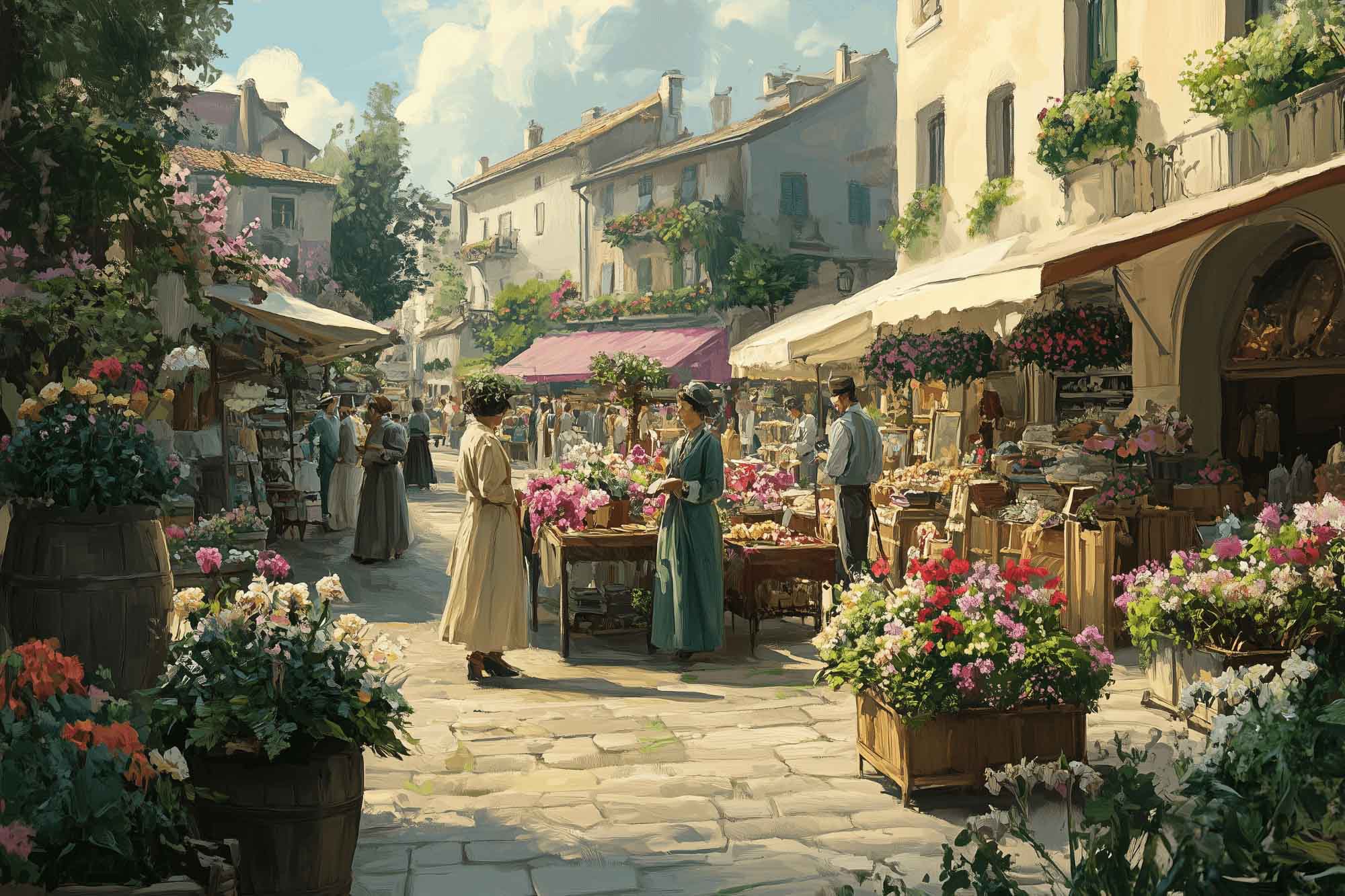 Charming European street market with vibrant flowers and antique shops, people leisurely browsing on a sunny day.