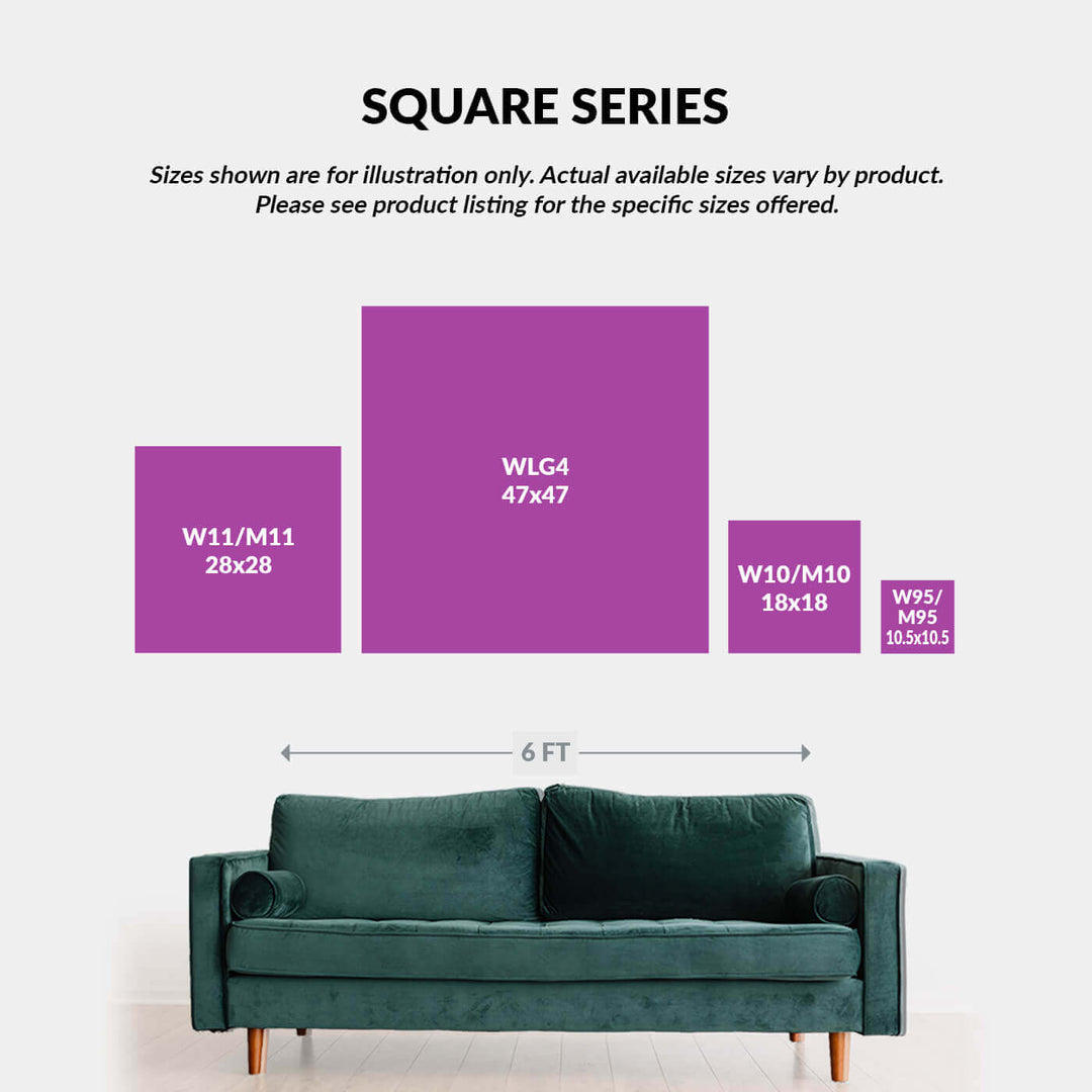 Size comparison of square series wall art above green sofa, illustrating dimensions 28x28, 47x47, 18x18, and 10.5x10.5 inches.
