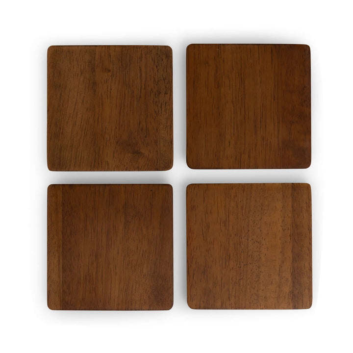 Set of four square wooden coasters with a natural finish, perfect for protecting surfaces.