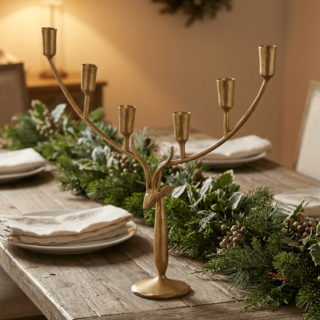 Stag Antler Candelabra in Antiqued Gold Iron, large size as a dining table centerpiece with winter greenery