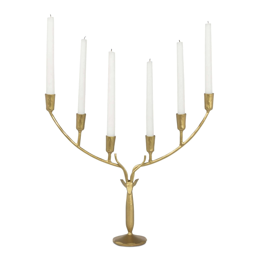Stag Antler Candelabra in Antiqued Gold Iron, Large, with white taper candles