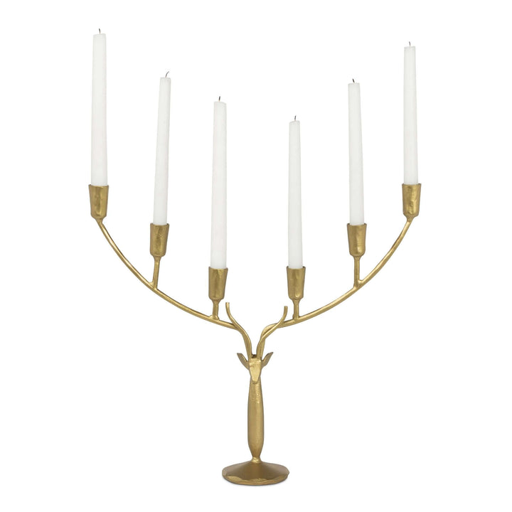 Stag Antler Candelabra in Antiqued Gold Iron, Large, with white taper candles