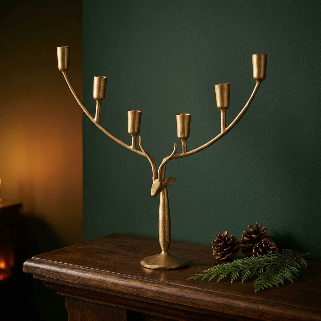 Stag Antler Candelabra in Antiqued Gold Iron, large size on a dark wood mantel against a green wall