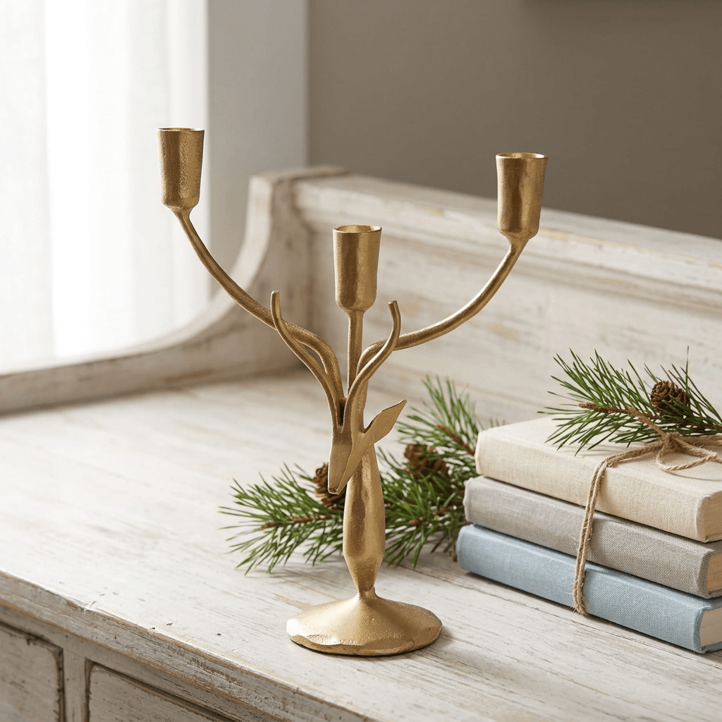 Stag Antler Candelabra in Antiqued Gold Iron, small size on a whitewashed sideboard with pine sprigs
