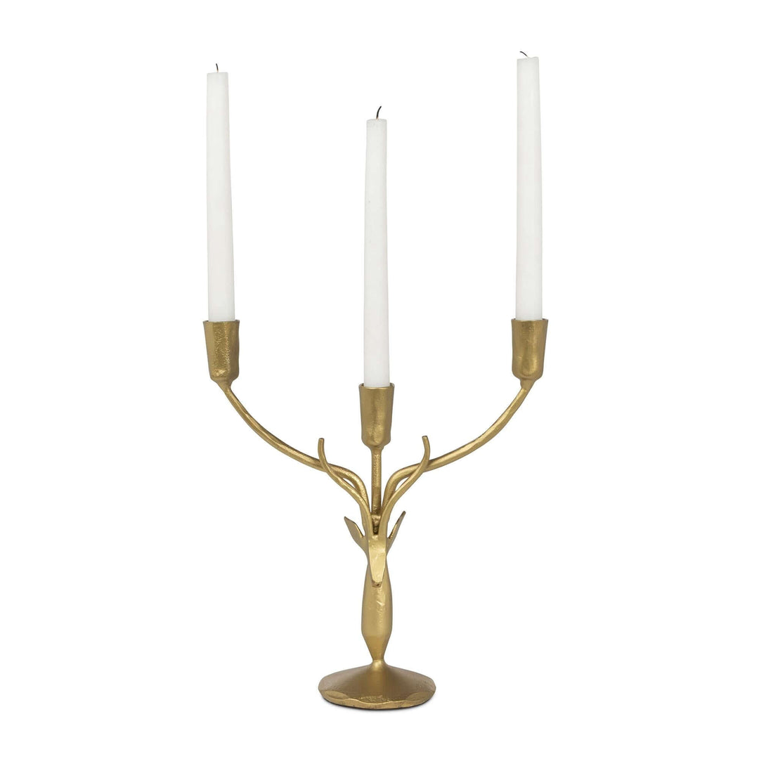 Stag Antler Candelabra in Antiqued Gold Iron, Small, with white taper candles