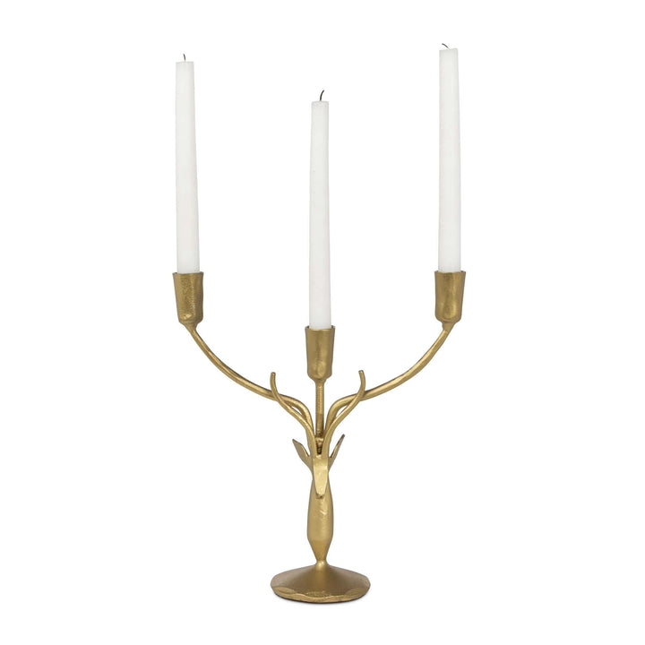 Stag Antler Candelabra in Antiqued Gold Iron, Small, with white taper candles
