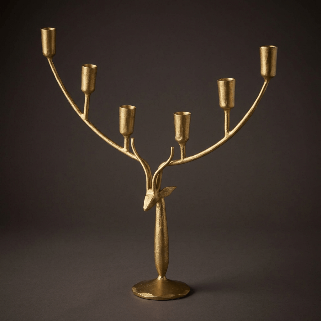 Stag Antler Candelabra in Antiqued Gold Iron, large size on a deep charcoal studio background