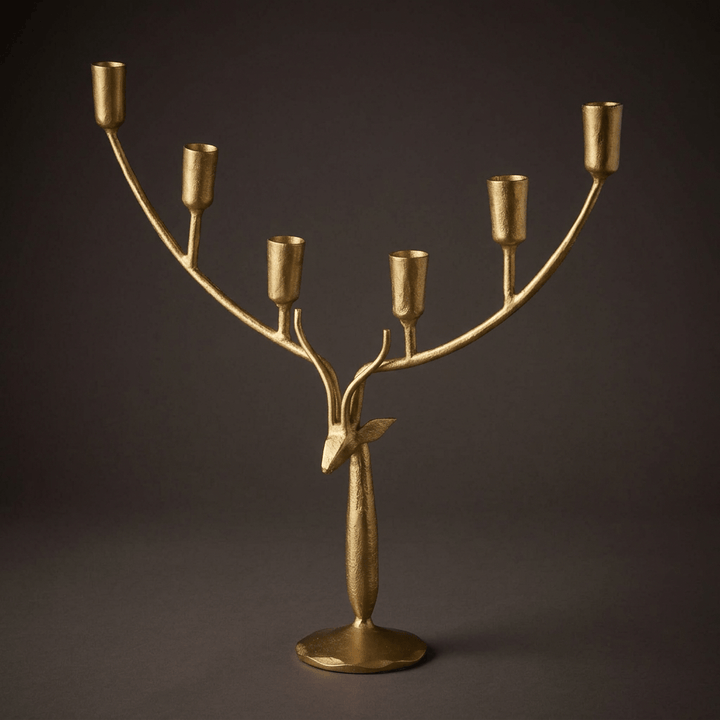 Stag Antler Candelabra in Antiqued Gold Iron, large size on a deep charcoal studio background