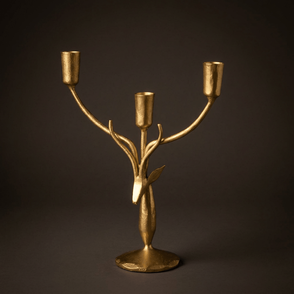 Stag Antler Candelabra in Antiqued Gold Iron, small size on a deep charcoal studio background