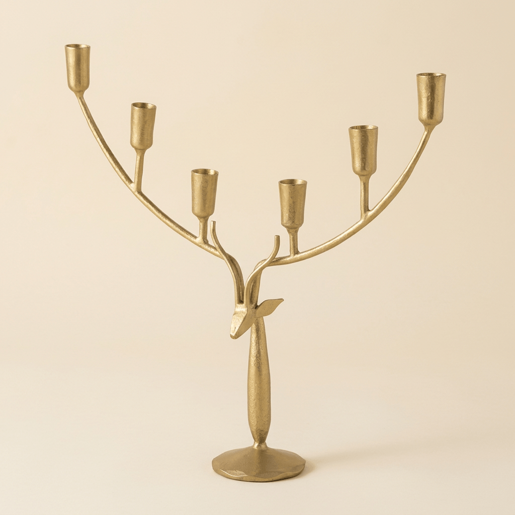 Stag Antler Candelabra in Antiqued Gold Iron, large size on a warm cream studio background