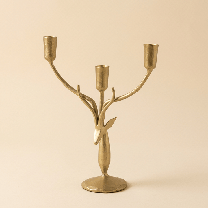 Stag Antler Candelabra in Antiqued Gold Iron, small size on a warm cream studio background
