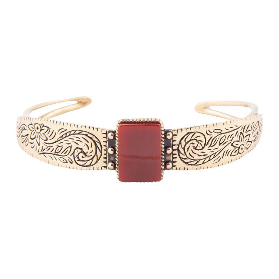 Stamped Orange Carnelian Golden Cuff Bracelet