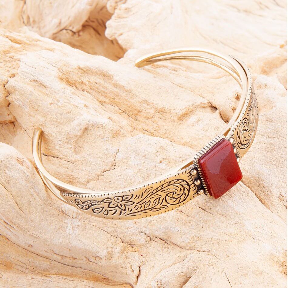 Stamped Orange Carnelian Golden Cuff Bracelet
