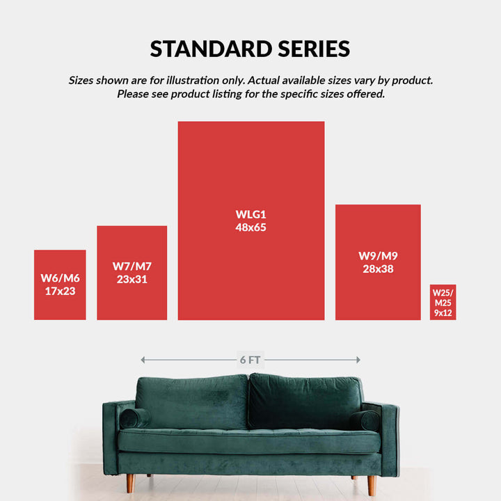 Green sofa with size chart showing dimensions of red rectangles on a white background