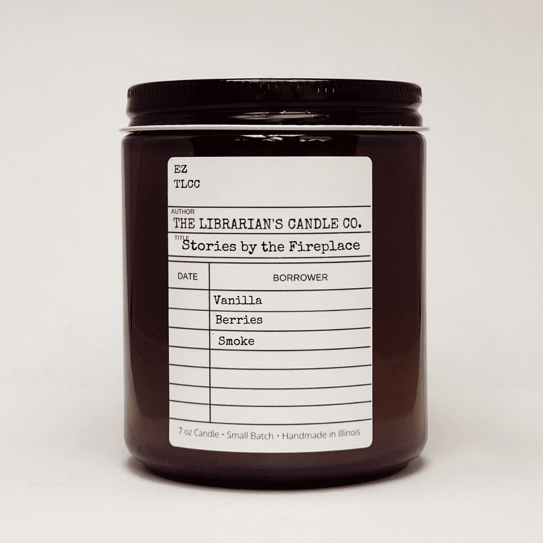 Stories by the Fireplace Candle: Smoked Vanilla & Berries in a vintage-inspired jar for nostalgic comfort.