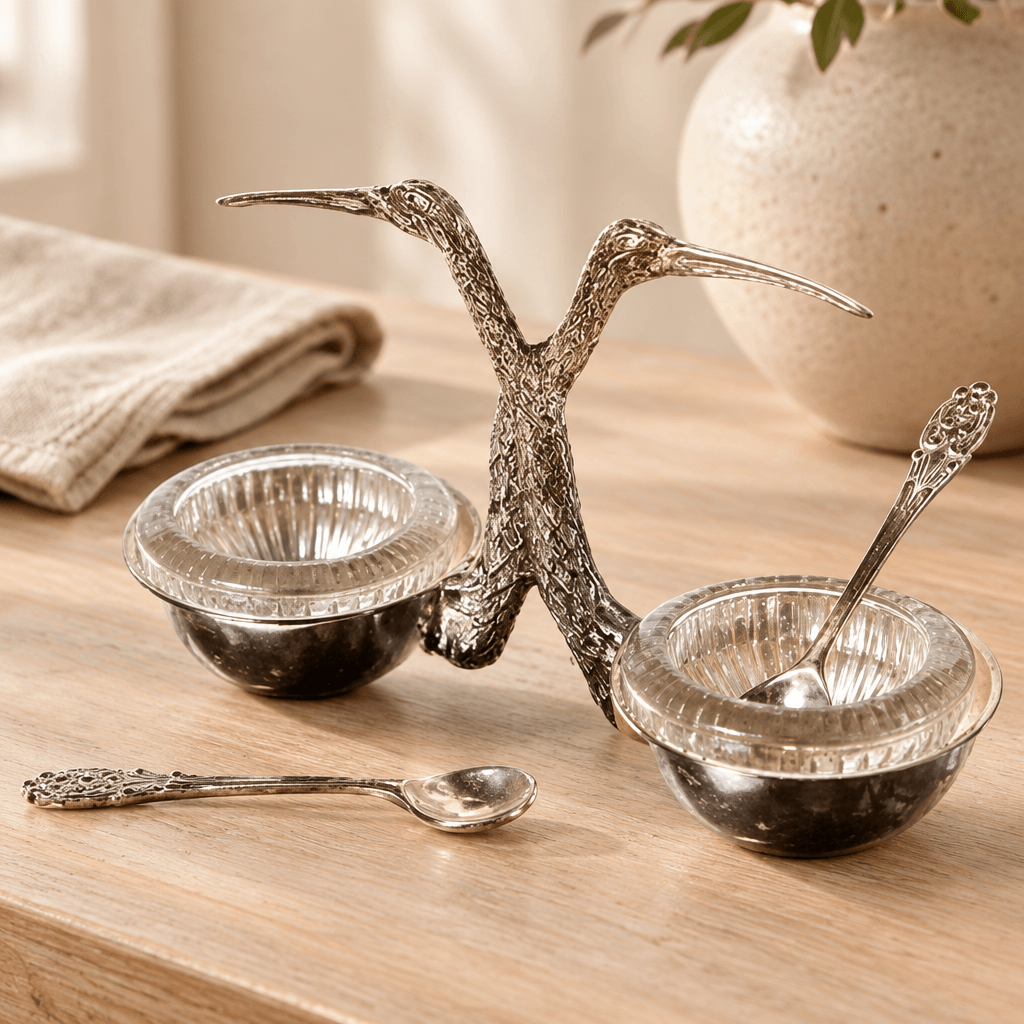Stork salt and pepper cellar with spoons displayed on a pale wood sideboard