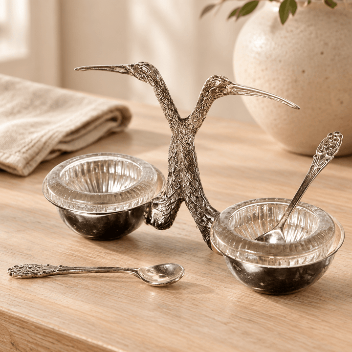 Stork salt and pepper cellar with spoons displayed on a pale wood sideboard
