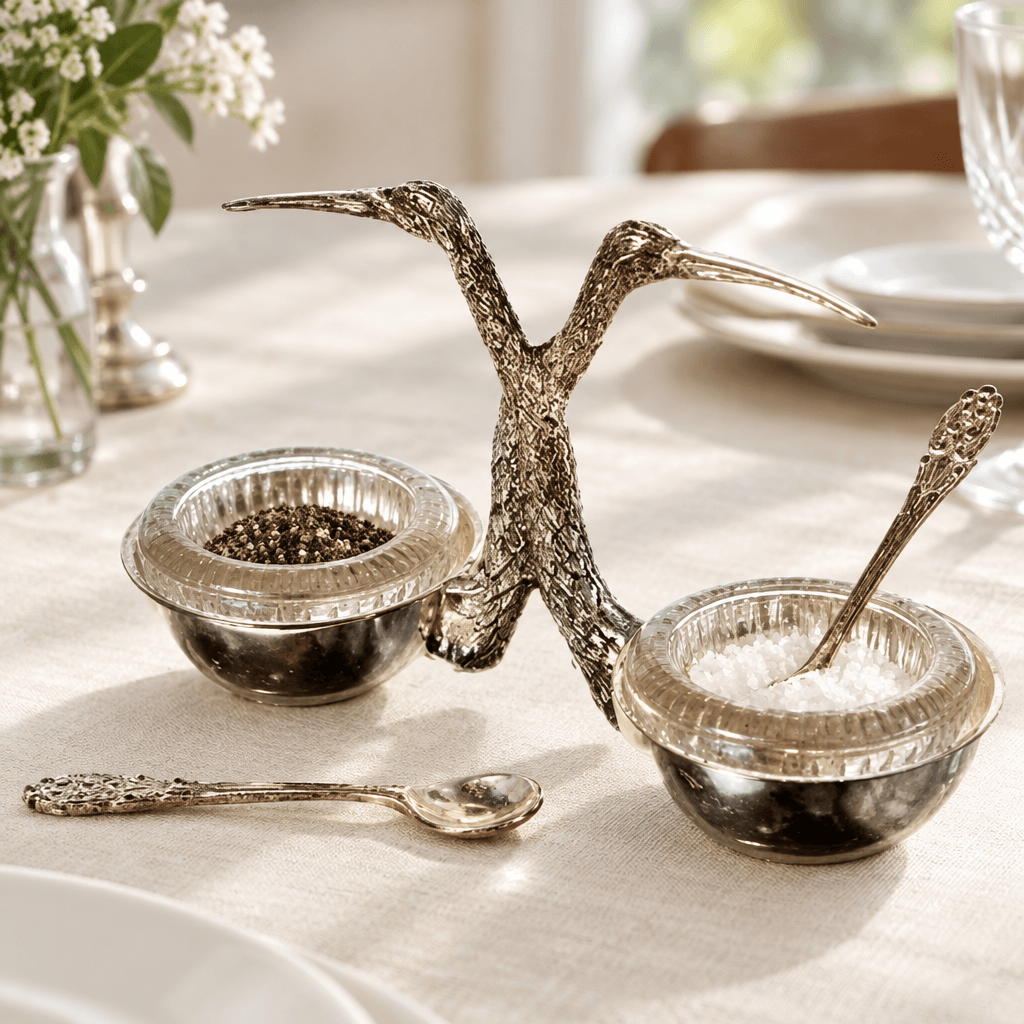 Stork salt and pepper cellar with spoons styled on an ivory linen dining table