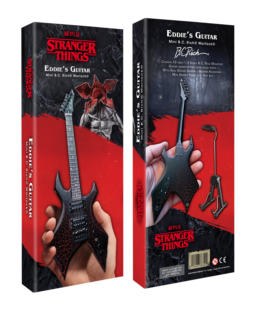 Stranger Things Eddie’s B.C. Rich Warlock Mini Guitar Replica in packaging with collector details.