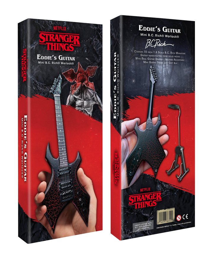 Stranger Things Eddie’s B.C. Rich Warlock Mini Guitar Replica in packaging with collector details.