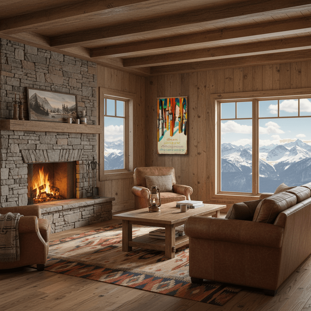 Cozy living room with stone fireplace, wooden furniture, and mountain view