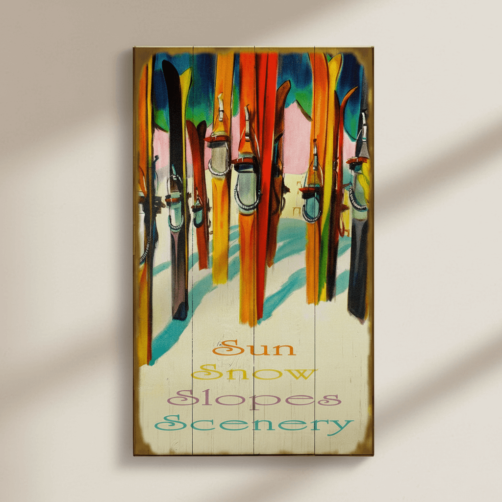 Decorative wall art with skis and snow-themed text on a wooden panel.