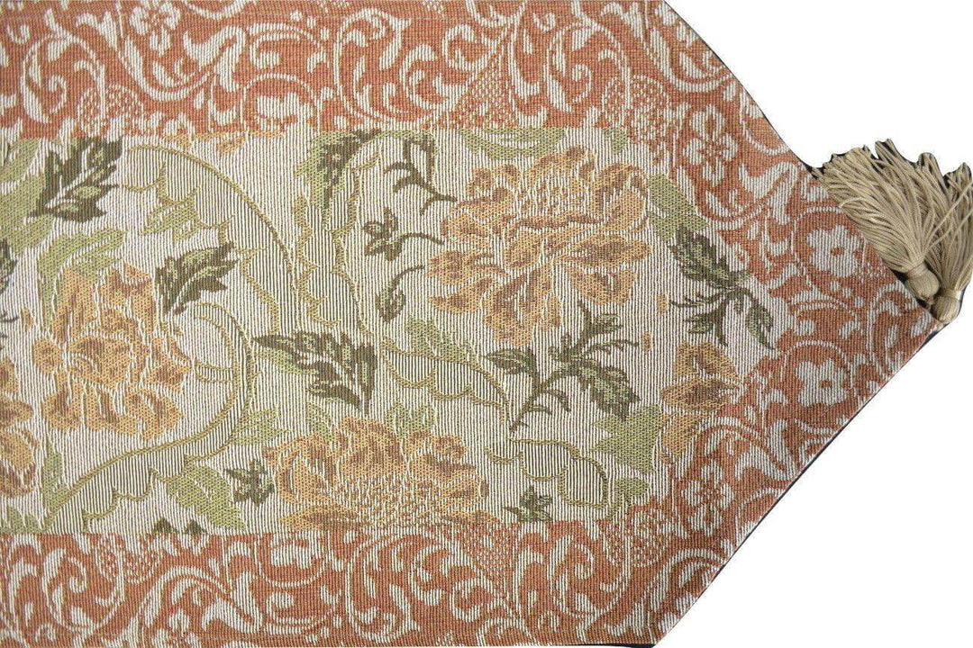DaDa Bedding Floral Nature Garden Beige Orange Spices Tapestry Table Runner (10072) with golden tassels, elegant design