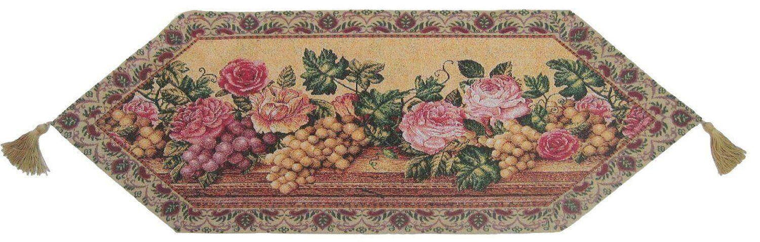 DaDa Bedding Romantic Parade of Fruit & Roses Floral Tapestry Table Runner (14426) with golden tassels and elegant floral design