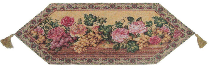 DaDa Bedding Romantic Parade of Fruit & Roses Floral Tapestry Table Runner (14426) with golden tassels and elegant floral design