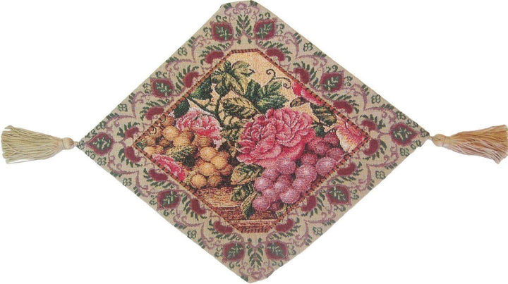 DaDa Bedding Romantic Parade of Fruit & Roses Floral Tapestry Table Runner (14426) with tassels, elegant and luxurious design