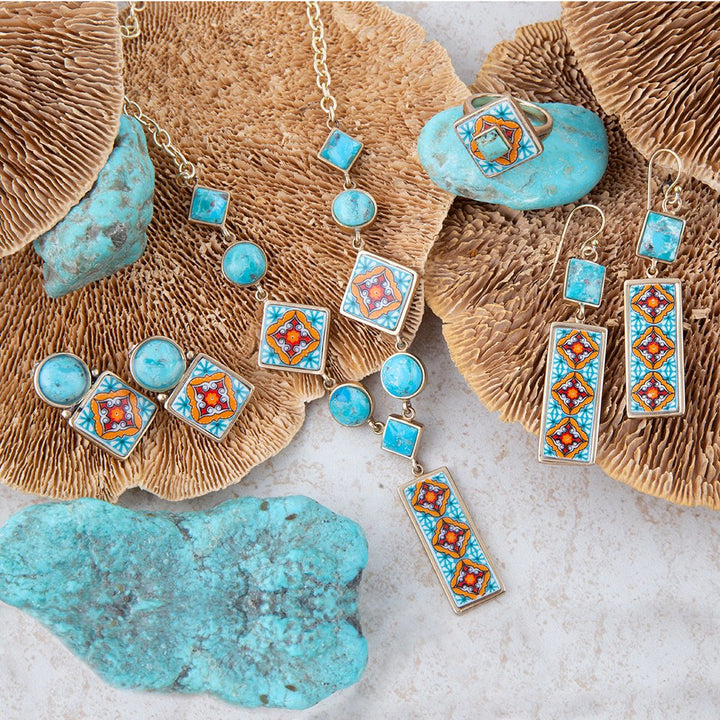 Talavera Tile and Blue Turquoise Golden Dangle Earrings