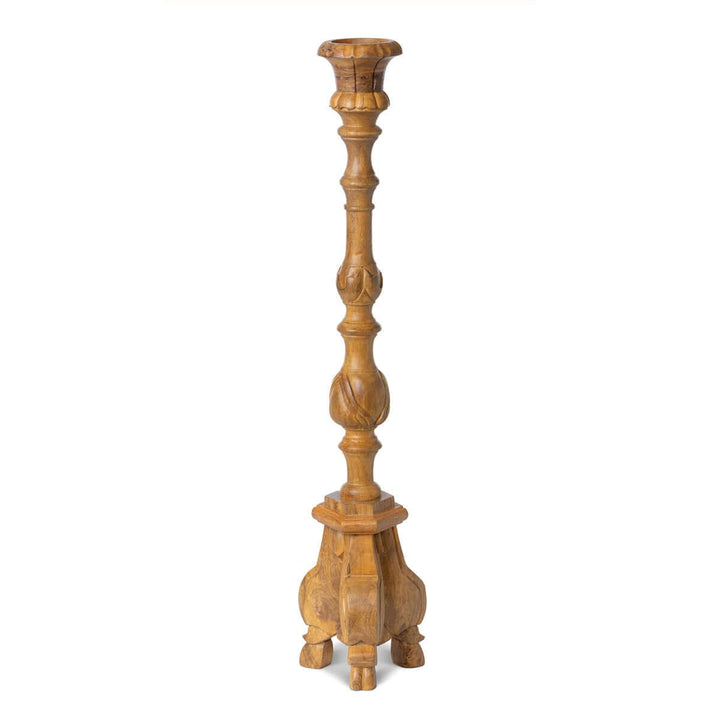 Tall Vintage Wooden Candle Holder with hand-carved details and timeworn wood grain showcasing old-world charm.