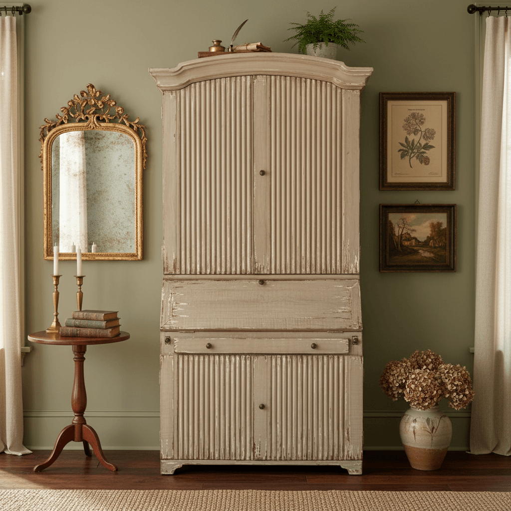 Tall Reclaimed Wood Secretary Cabinet in a rustic room setting with ornate mirror and vintage decor, showcasing European elegance and craftsmanship.