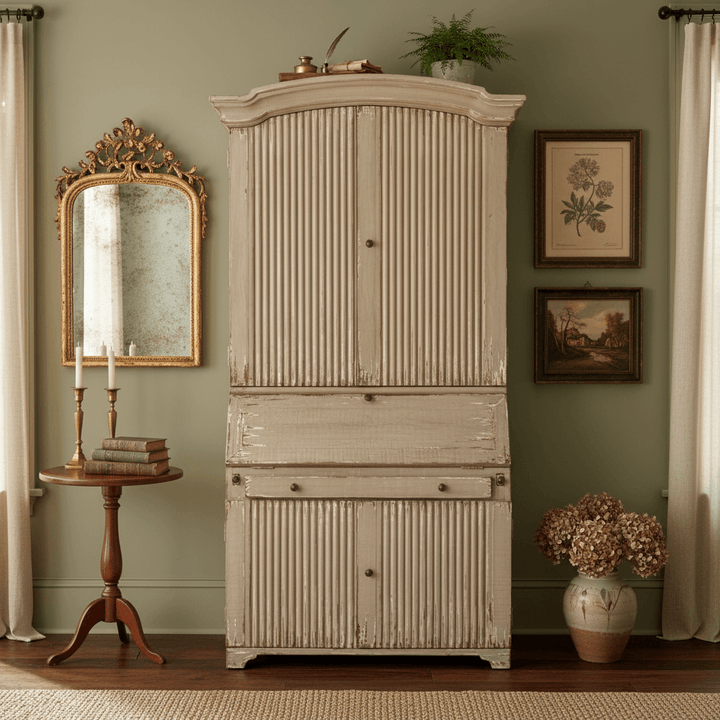 Tall Reclaimed Wood Secretary Cabinet in a rustic room setting with ornate mirror and vintage decor, showcasing European elegance and craftsmanship.