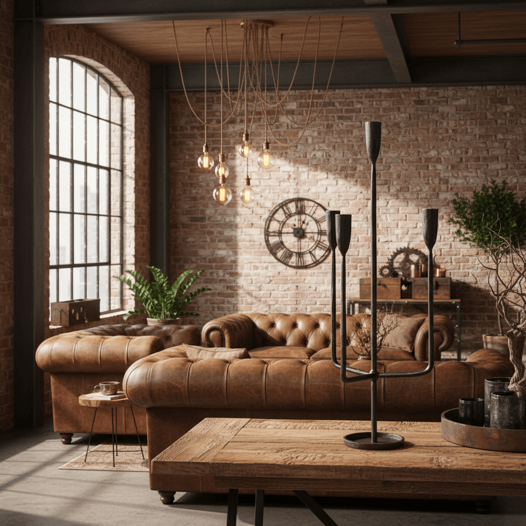 Industrial loft with brown leather sofa, wooden coffee table, and brick wall.