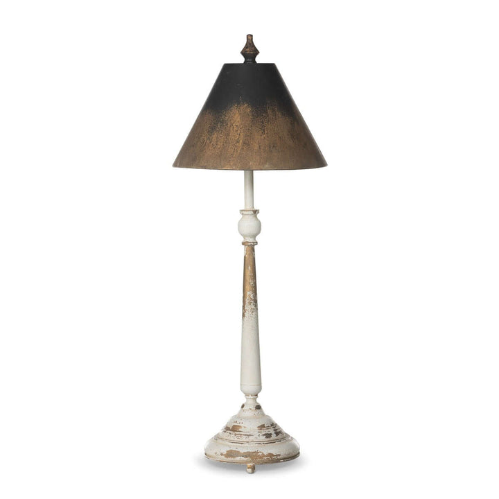 Vintage table lamp with distressed cream base and black-gold shade, 37 inches tall, nostalgic design, ideal for elegant interiors.