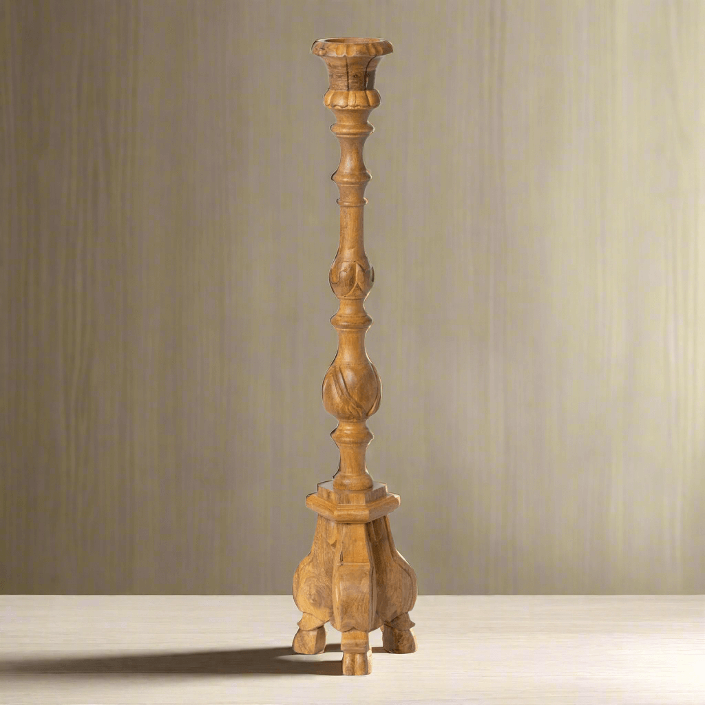 Tall Vintage Wooden Candle Holder with hand-carved details and timeworn wood grain.