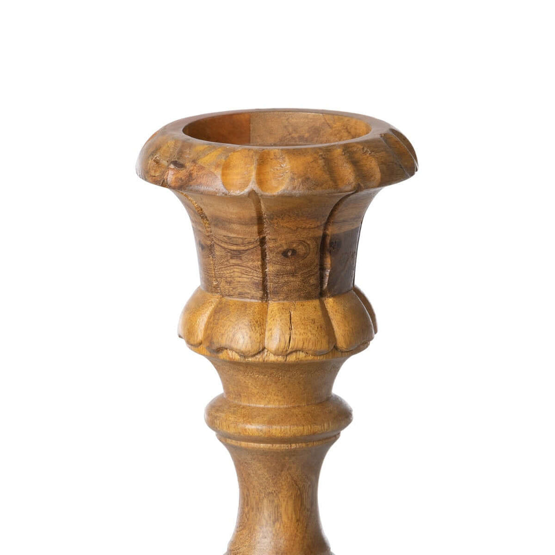 Tall Vintage Wooden Candle Holder with hand-carved details and timeworn wood grain for a romantic, historical ambiance.