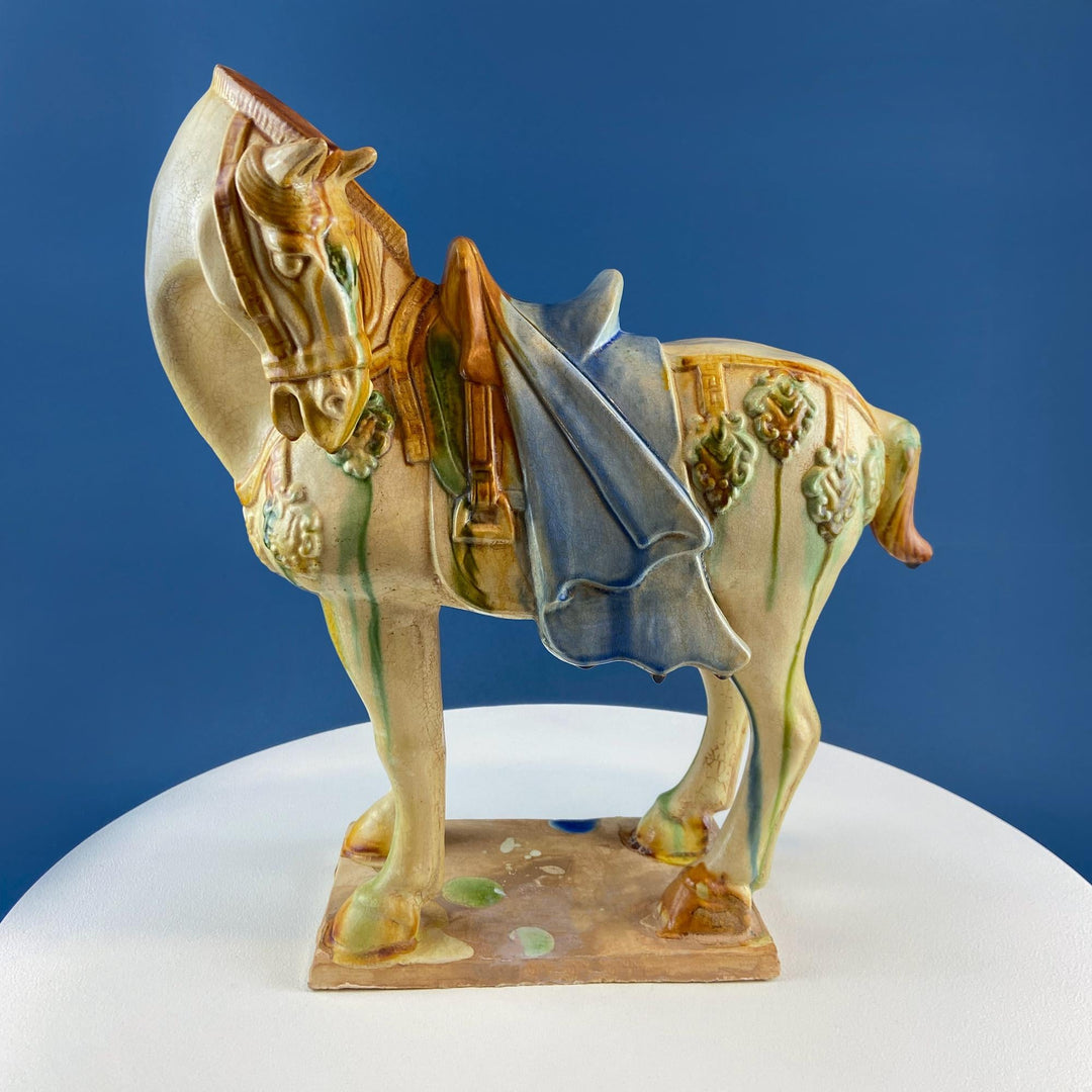 16.5" Tang Dynasty Like Ceramic War Horse. Chinese Sancai 3 Color Streaked Glaze. Collectible Animal Figurine. Gift for Him. Art Home Decor.