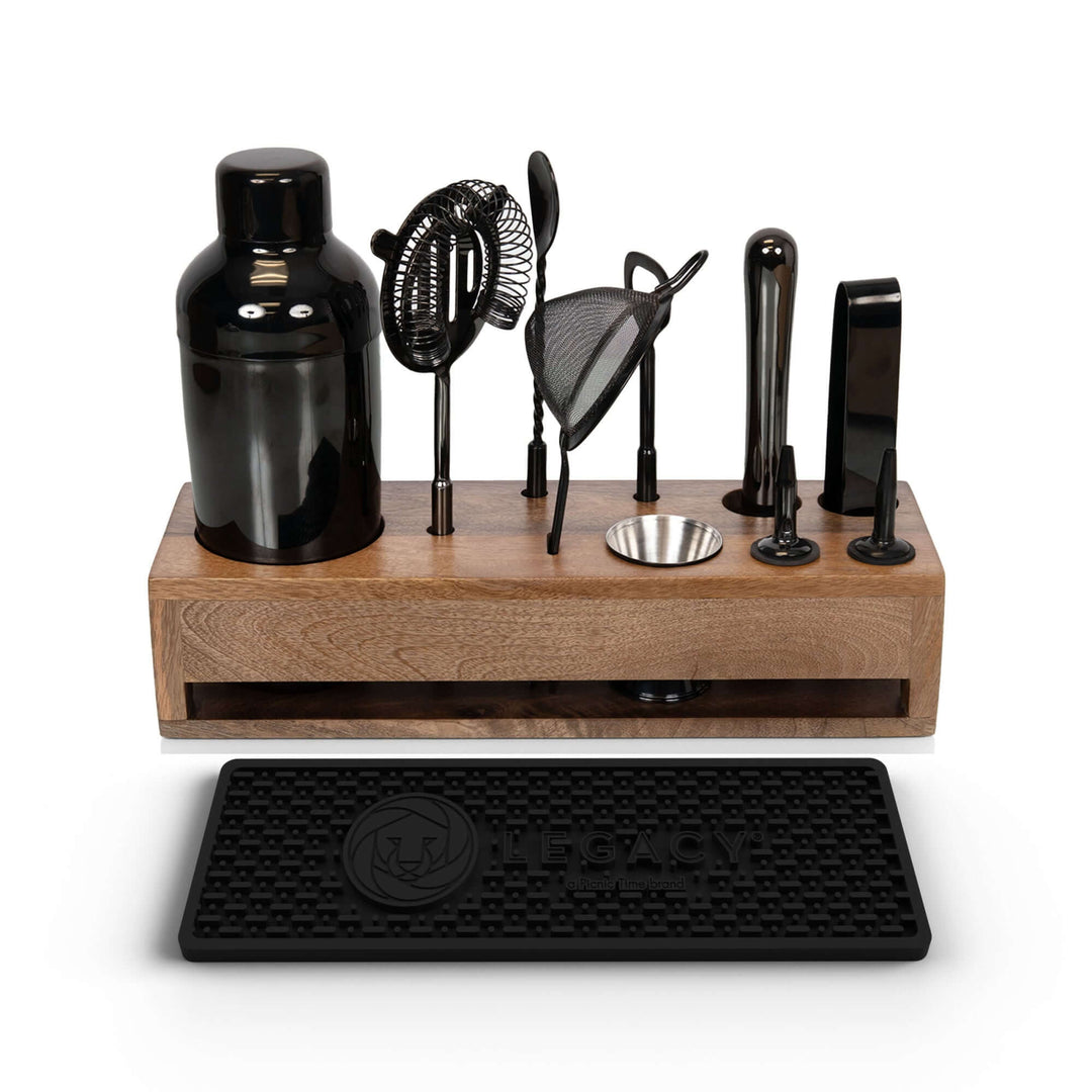 Vintage-Style Bartender Kit with Mango Wood Case & Bar Tools displayed on a wooden stand, perfect for modern mixology enthusiasts.