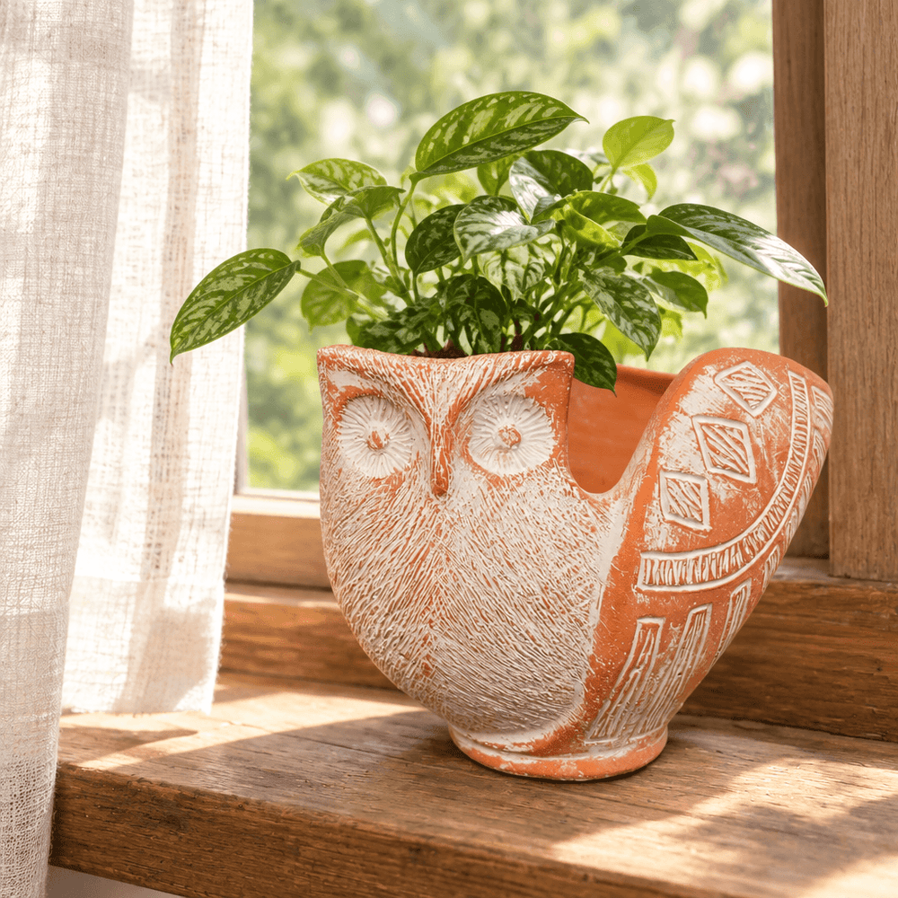 Terracotta-tone cement owl planter with a leafy plant on a wooden windowsill beside a linen curtain