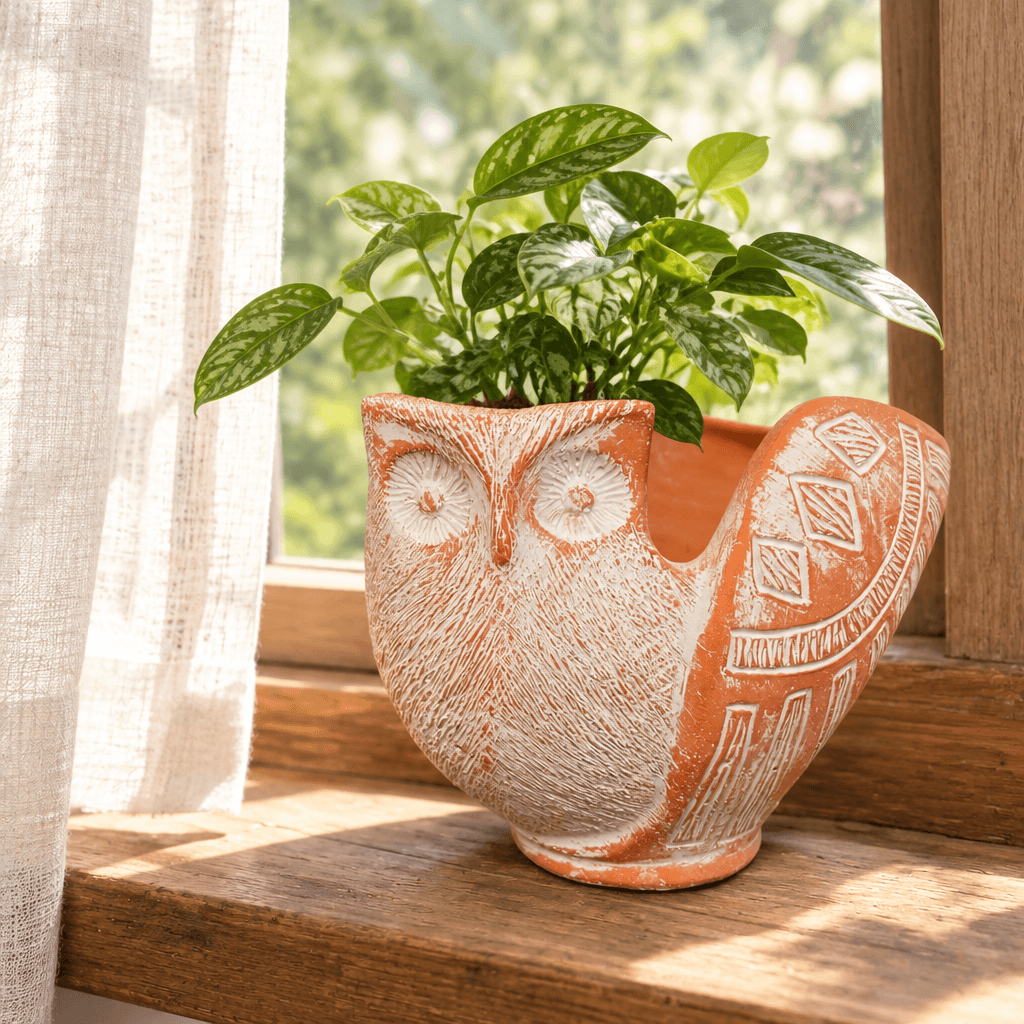 Terracotta-tone cement owl planter with a leafy plant on a wooden windowsill beside a linen curtain