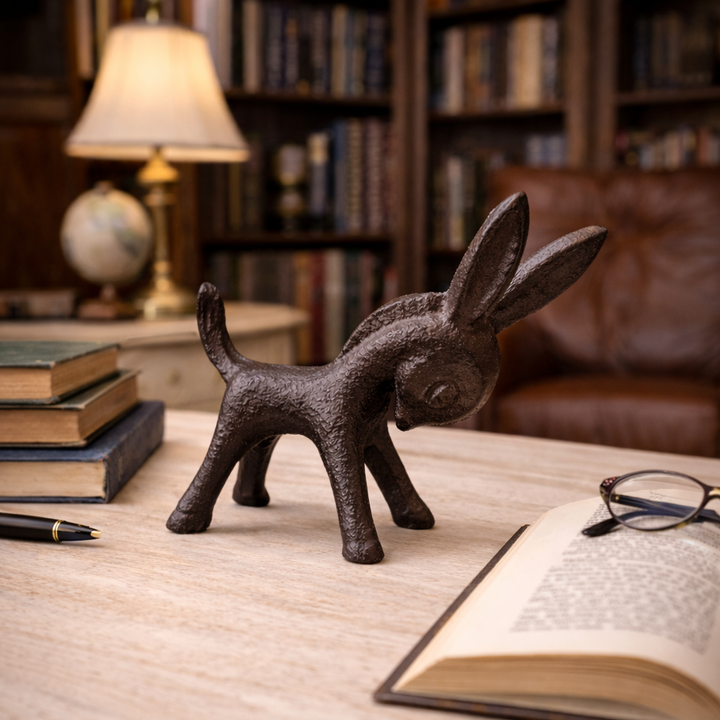 Textured Cast Iron Donkey Figurine on a library desk