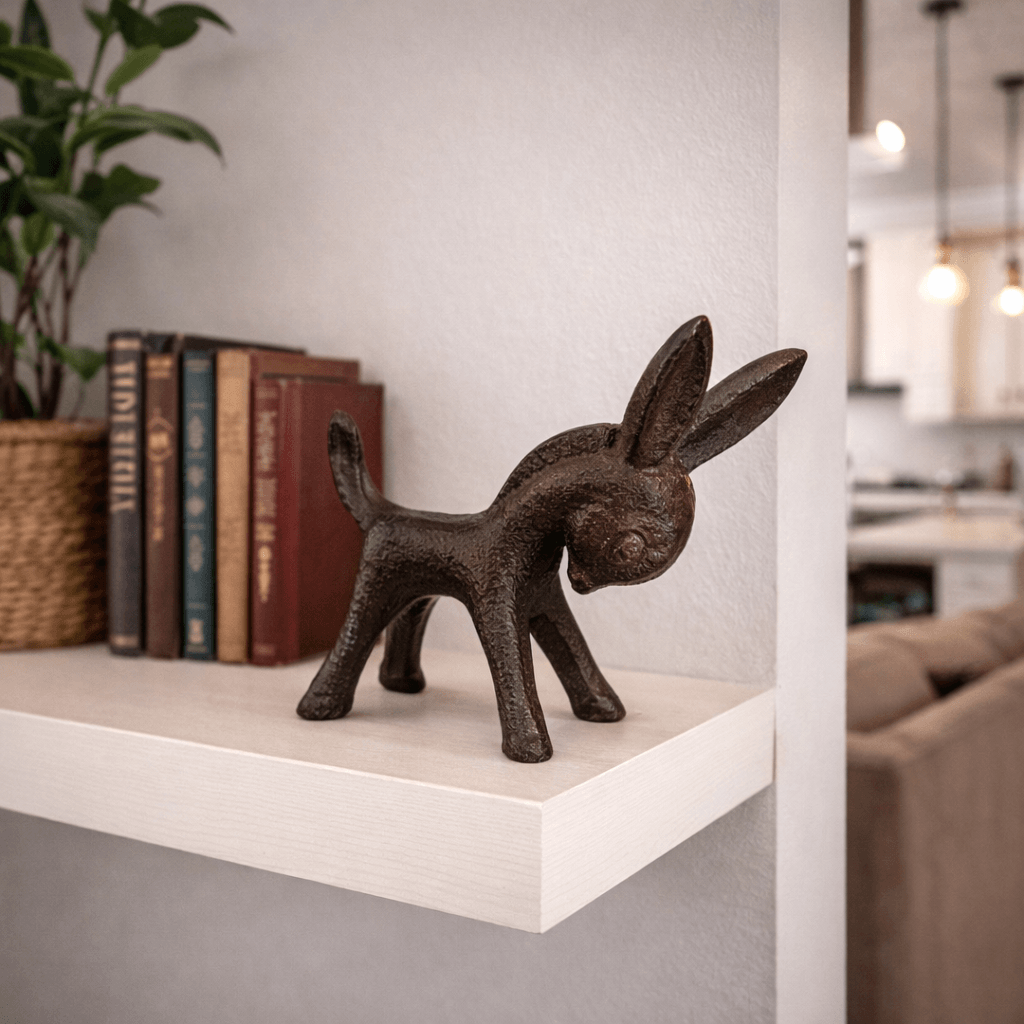 Textured Cast Iron Donkey Figurine styled with books and greenery