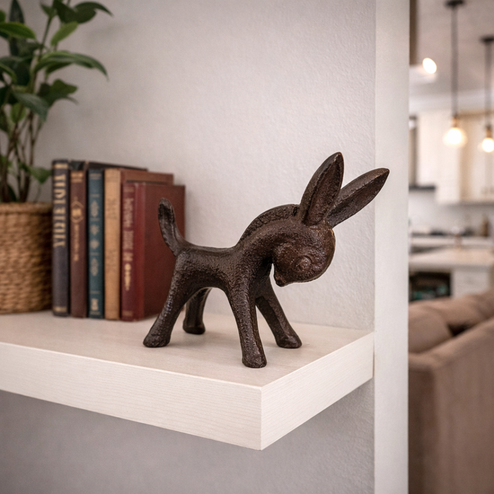 Textured Cast Iron Donkey Figurine styled with books and greenery