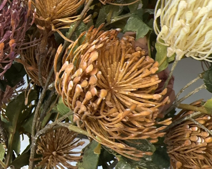 Close view of warm orange pincushion protea blooms in a mixed arrangement